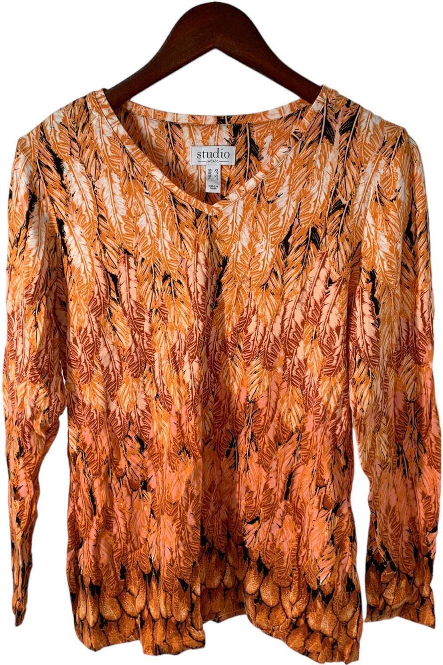 Studio by Denim & Co. Feather Print Long Sleeve V-Neck Orange Multi - Regular